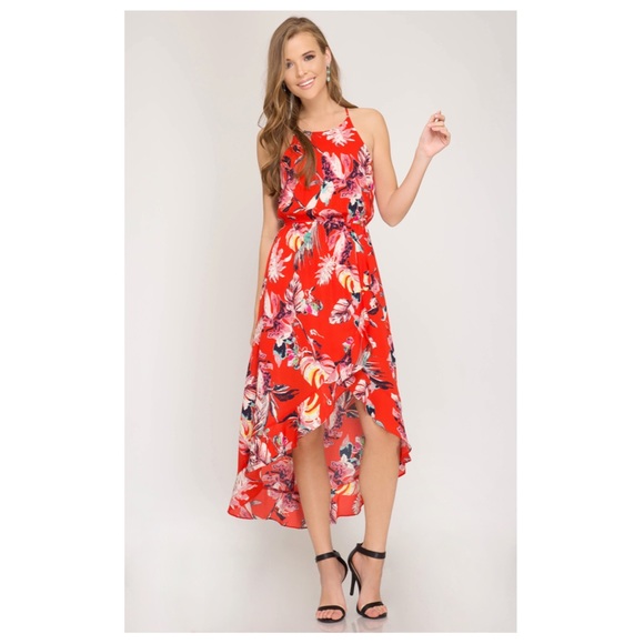 SHE & SKY HALTER FLORAL WRAP MIDI DRESS - Picture 4 of 8
